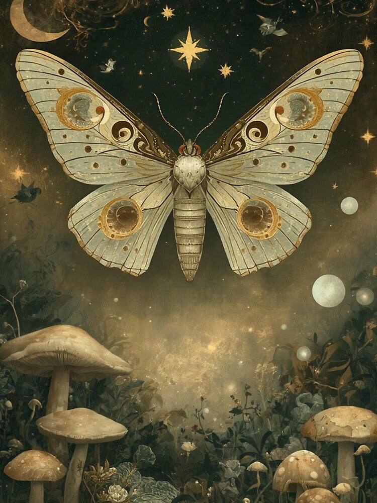 Celestial Moth in Moonlit Mushroom Garden Fantasy Art Print by ArtDesignRemix