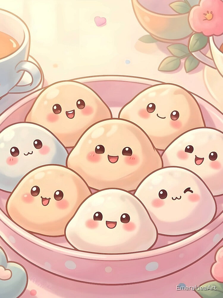 Cute Kawaii Dumpling Tea Party – Pastel Dumplings with Flowers by EmeraldeaArt