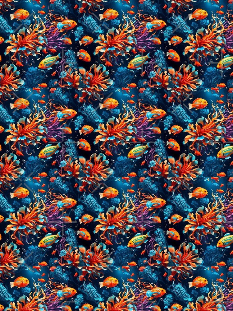 Marine Mosaic: Vibrant Fish and Colorful Jellyfish on Dark Blue #1 by Electric-Easel