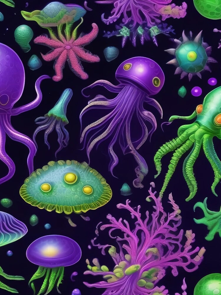 Bioluminescent Black Light Style Deep Ocean Creatures Pattern by DreamCraze