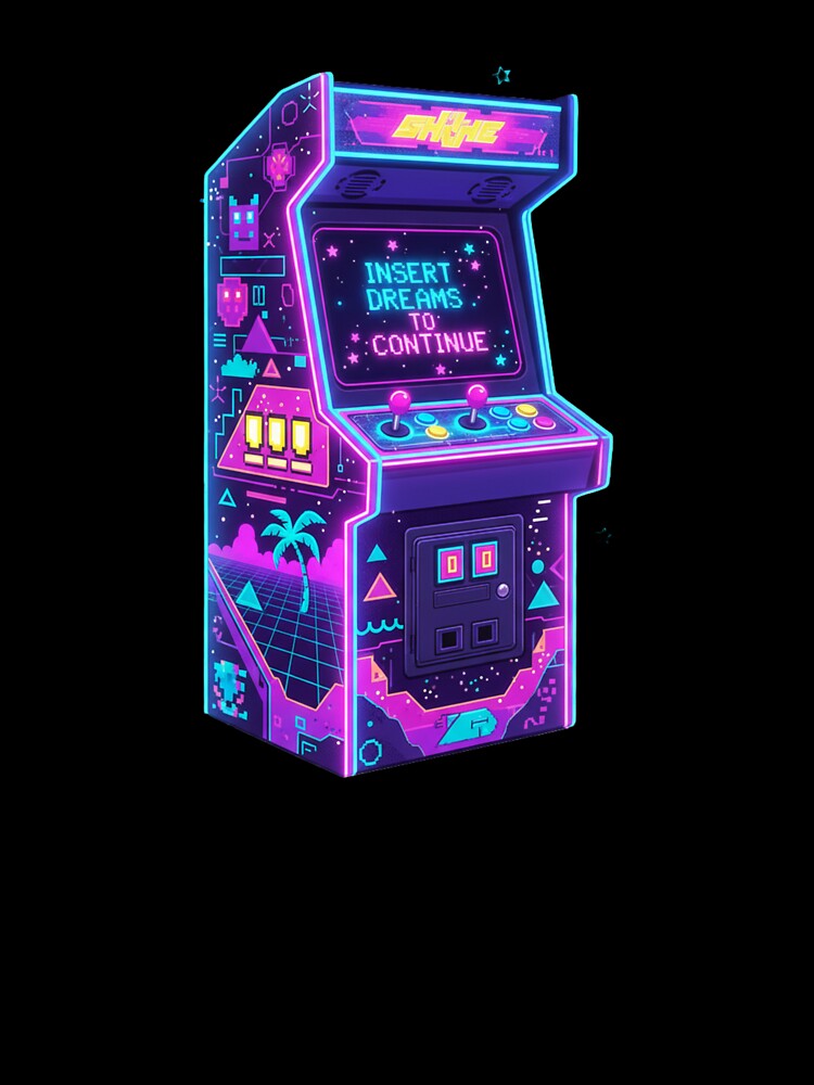 Retro Arcade Machine Synthwave – “Insert Dreams to Continue” Neon Vaporwave Design by Lucorr