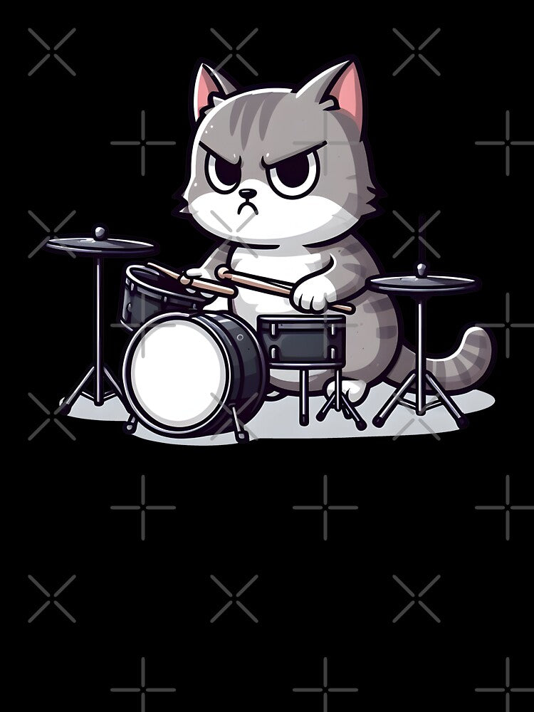An annoyed looking cat is playing a drum set. by ArisaHong