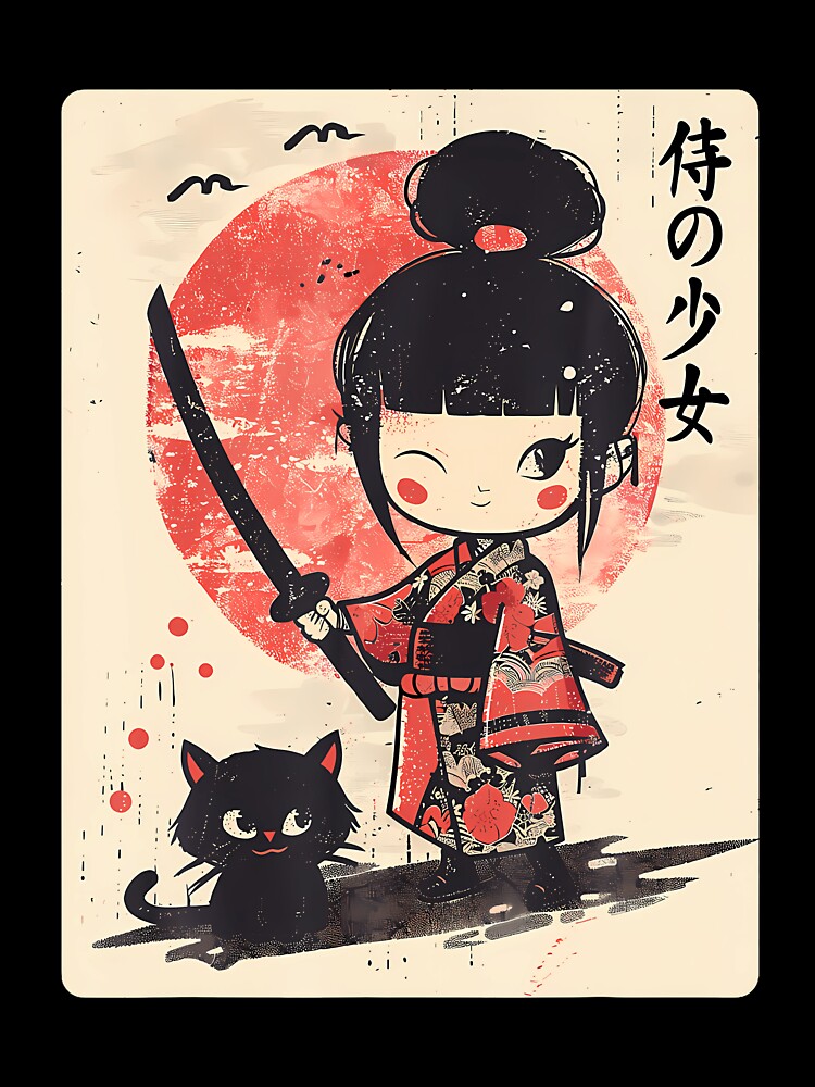 Cute Kawaii Samurai Girl With Katana  Cat Japanese Anime T-Shirt (1) by GabrielaPeterse