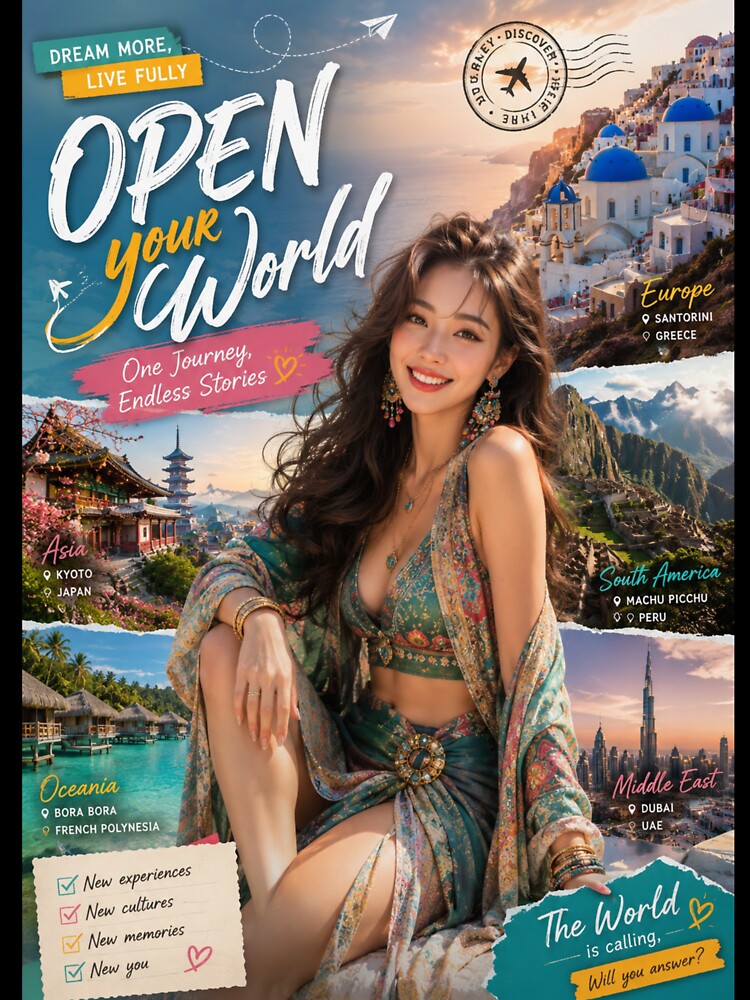 Open Your World Travel Poster | Wanderlust Adventure Aesthetic Wall Art by Inkora-Art
