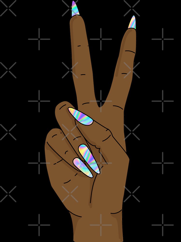 Peace sign hand with holograph nails by savanamms6
