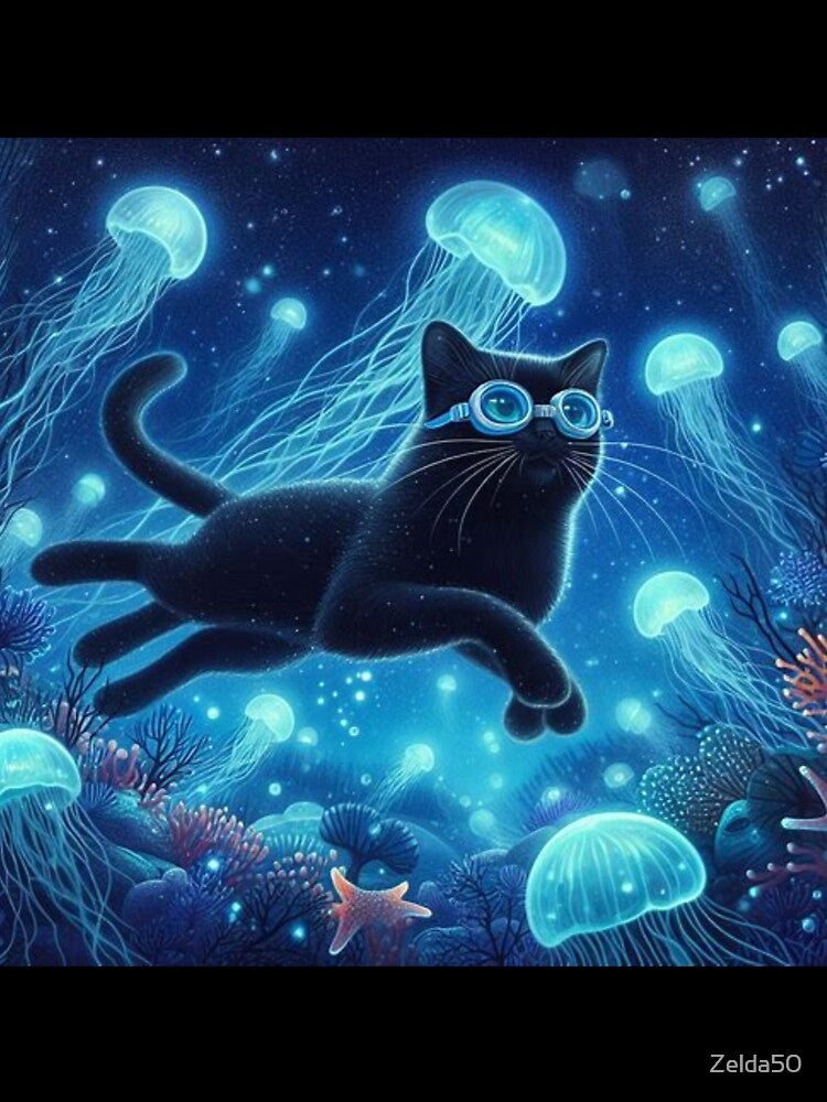 jellyfish on the ocean floor with curious black cat by Zelda50