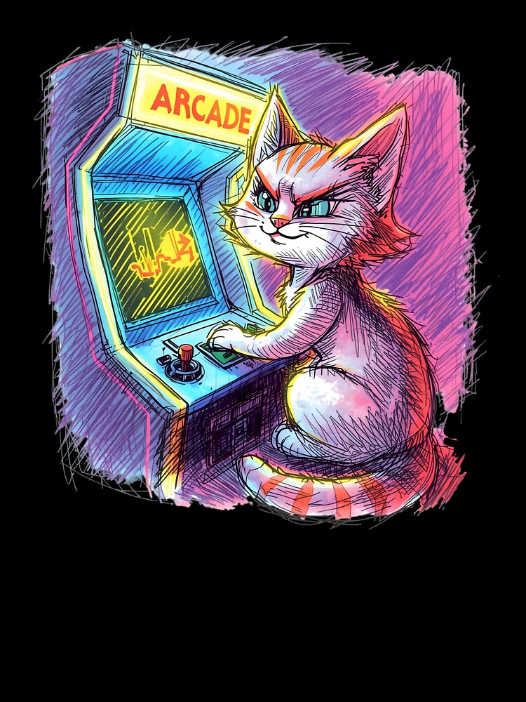 Retro Arcade Gamer Cat | Neon Sketch Style Illustration by SoulenCify