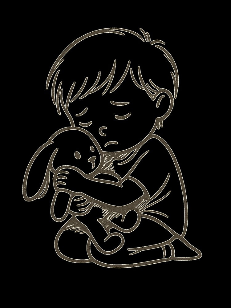 Sad Boy Hugging Teddy Bear – Comforting Emotional Line Art Design by Just Meaningful