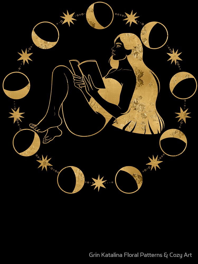 Atmospheric gold illustration of a girl deeply focused on reading a book inside a magical circle of moon phases and stars. Dark academia, magic of knowledge, and cozy solitude vibes. by Grin Katalina Floral Patterns & Cozy Art