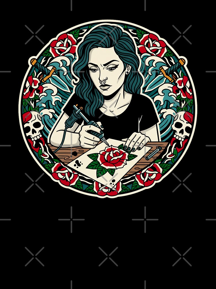 Focused Tattoo Artist Woman – Traditional Rose Tattoo Illustration by C3J7