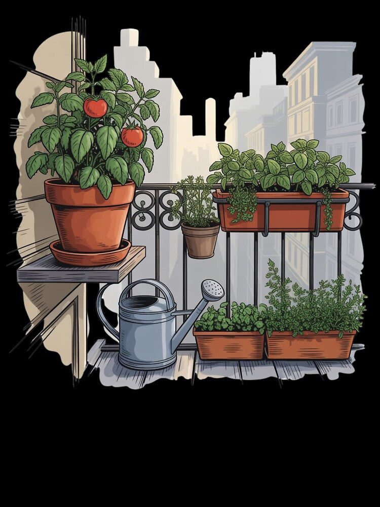 Urban Balcony Garden Scene – Peaceful City Gardening Illustration by Timeless Design