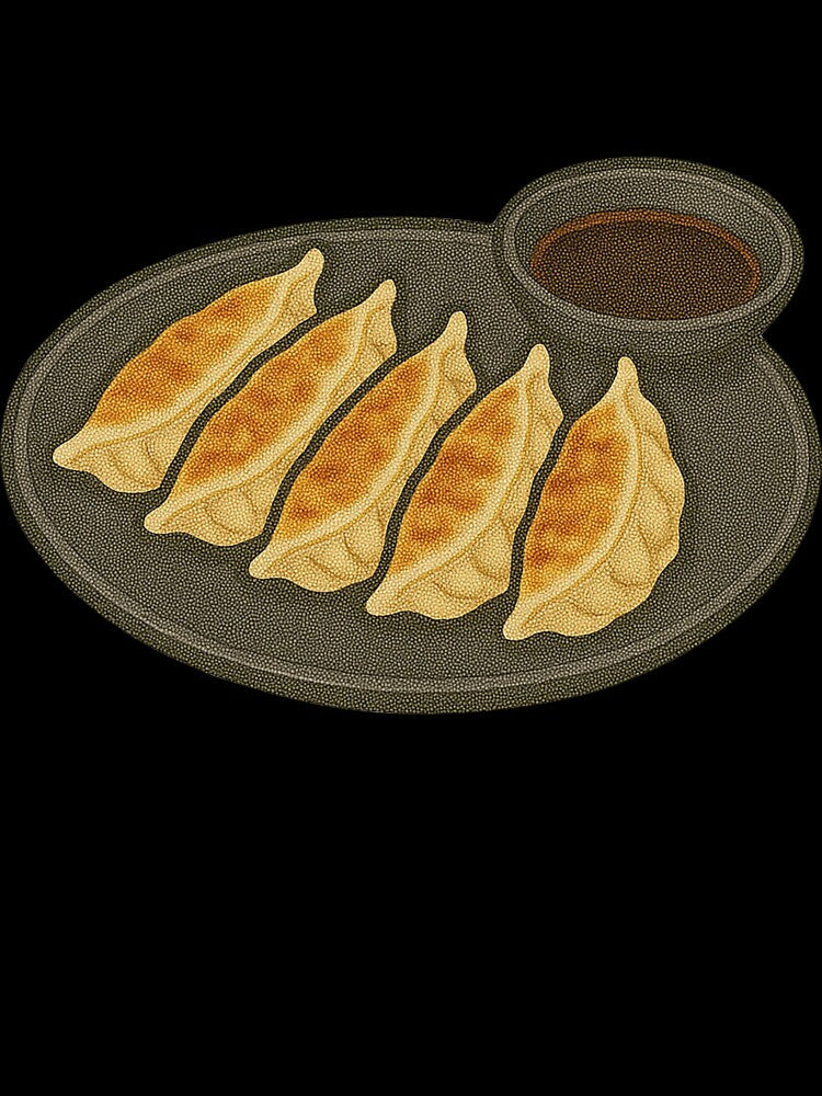 Gyoza Dumplings on Plate with Dipping Sauce – Japanese Food Art by Vendeloc
