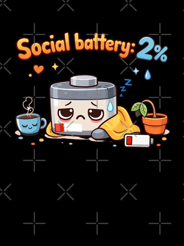Social Battery 2% Cute Cartoon Introvert Design by Sanika arts