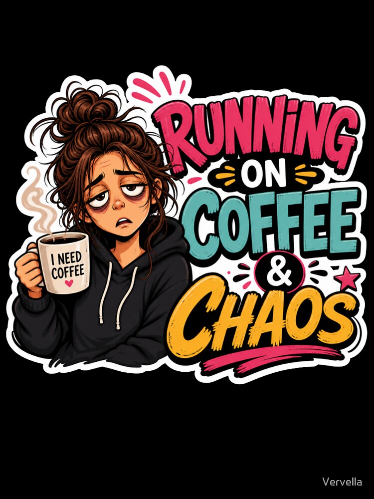Running on Coffee & Chaos – Funny Tired Girl Aesthetic Coffee Lover Design by Vervella