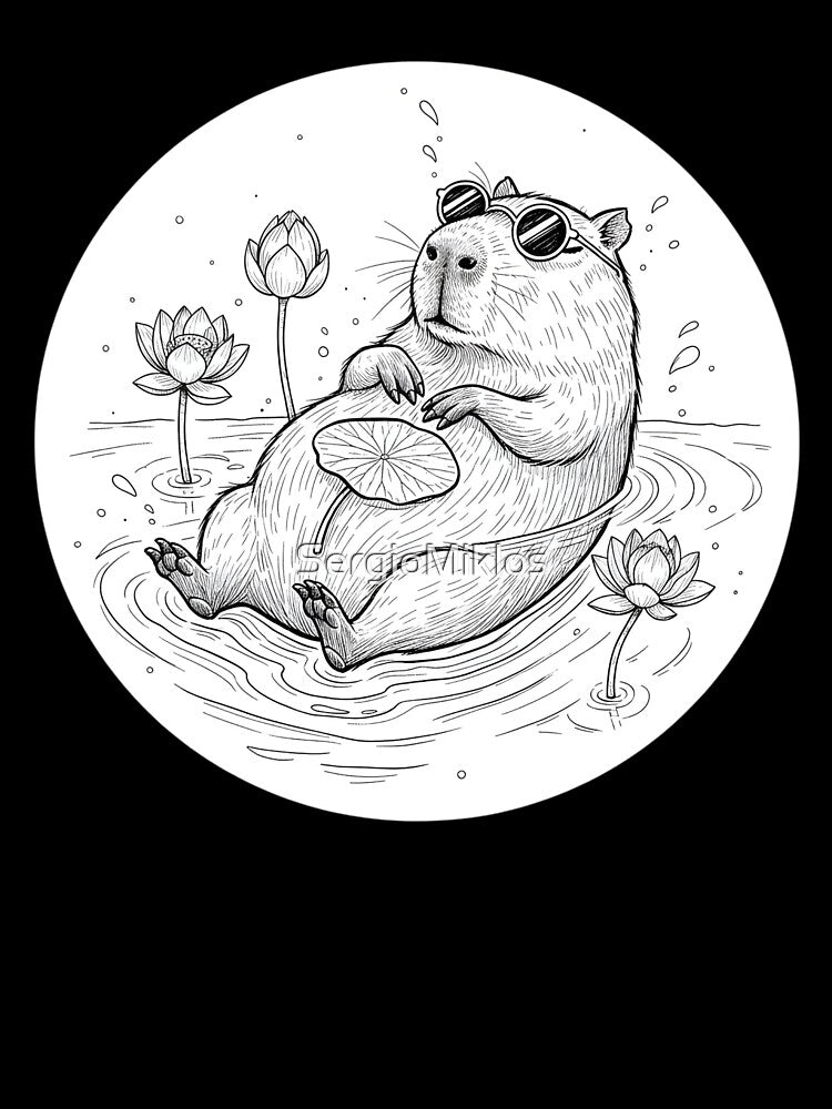 Chill Capybara Float Sticker | Relaxing Water Animal Art | Black & White Lotus Pond Vibe by SergioMiklos