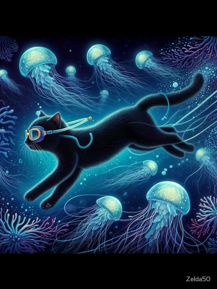 dance of the jellyfish during a black cat's swim by Zelda50