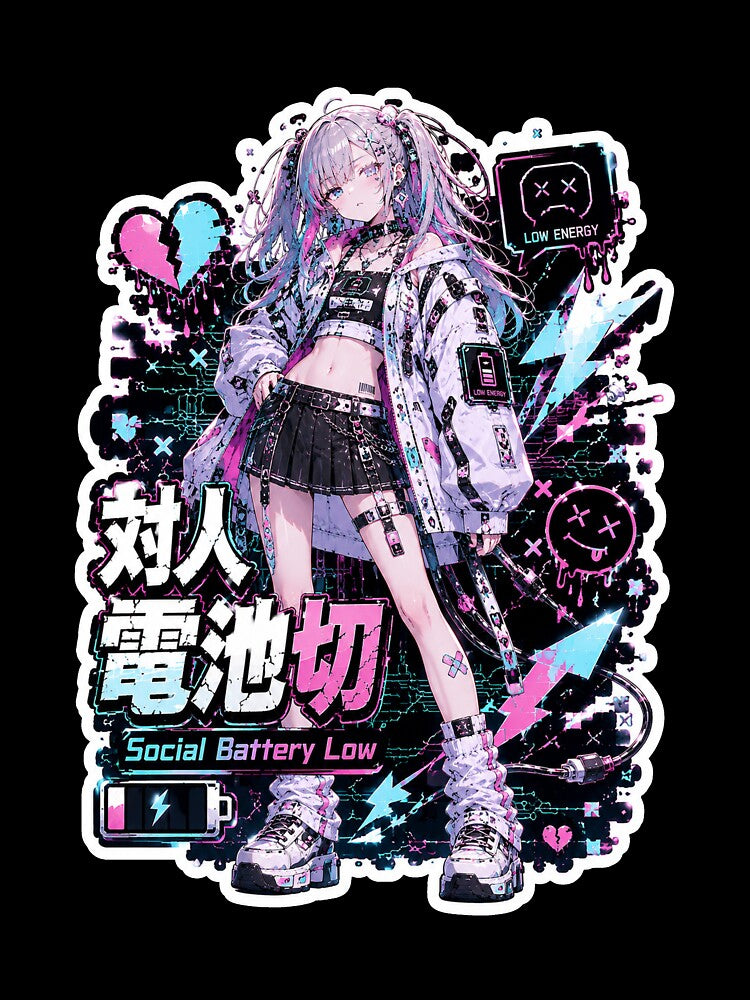 Social Battery Low Japanese Kanji Art (対人電池切) - Cyberpunk Low Energy Design by Japan-kanji-ya