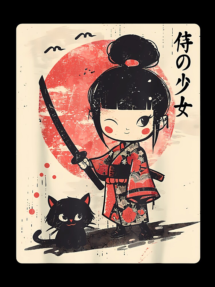 Cute Kawaii Samurai Girl With Katana  Cat Japanese Anime T-Shirt by GabrielaPeterse