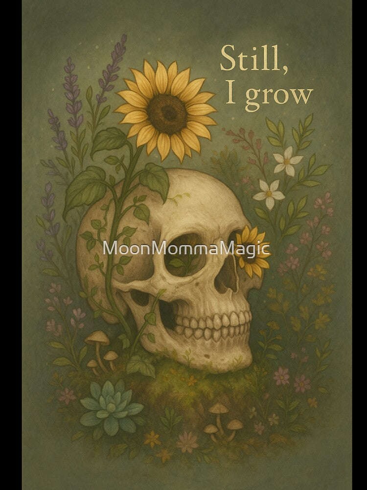 Still I Grow – Floral Skull Art on Growth Through Darkness by MoonMommaMagic