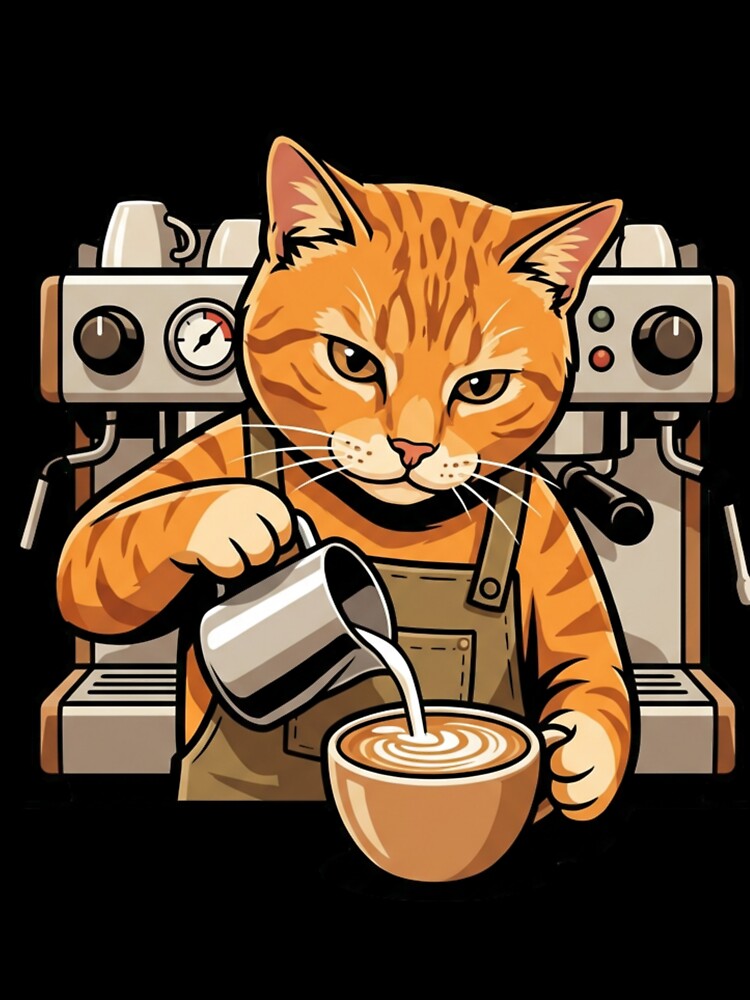 Kawaii Orange Cat Barista Making Latte Art - Coffee Neko by HappySproutArt