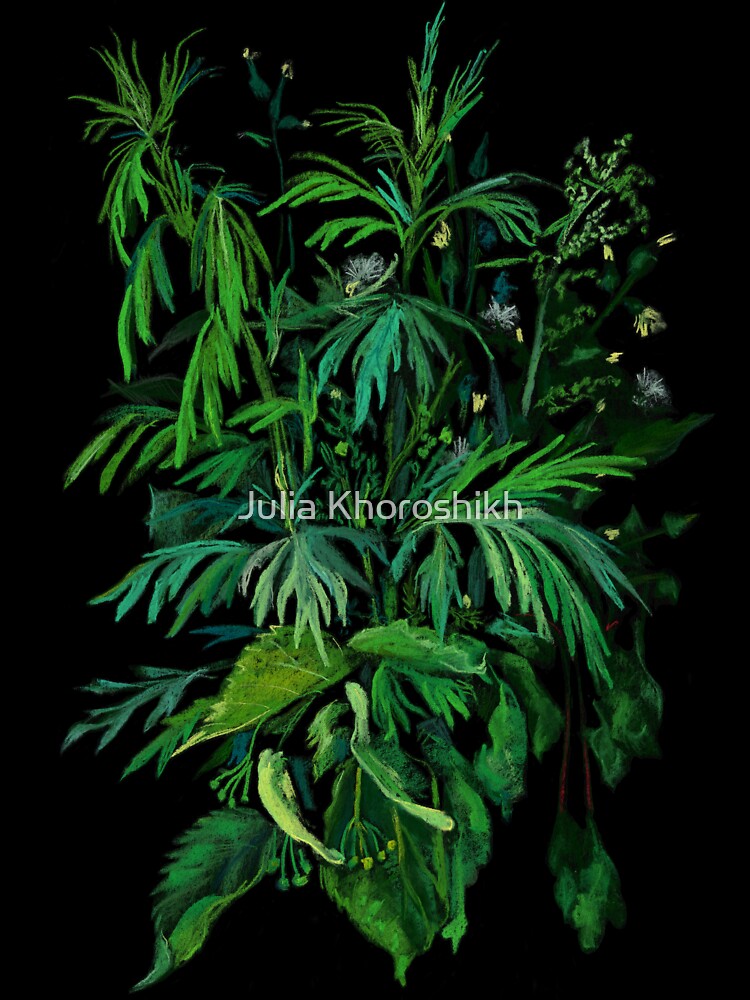 Green and Black, Summer Plants Floral Art by Julia Khoroshikh