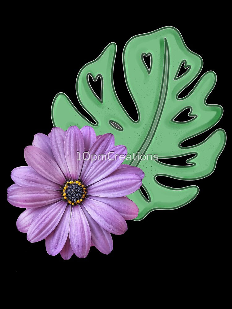 Monstera Lover, Plant Leaf with a Realism Purple Daisy for Surrealism Vibes by 10pmCreations