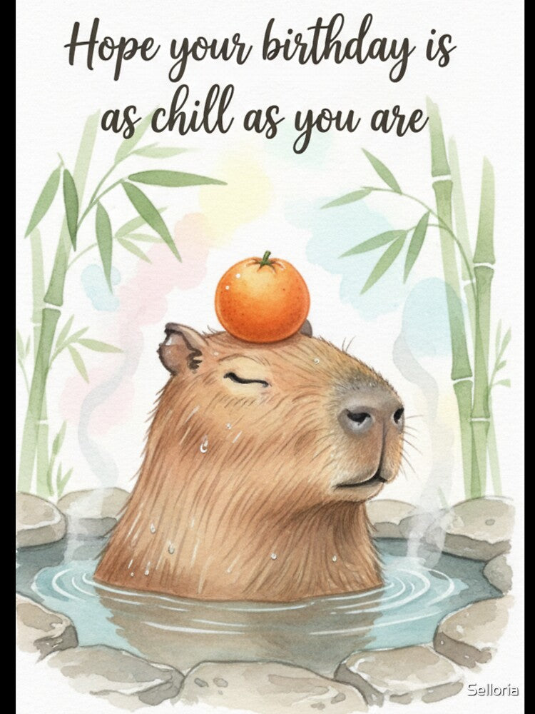 Cute Chill Capybara Hot Spring - Happy Birthday Card by Selloria