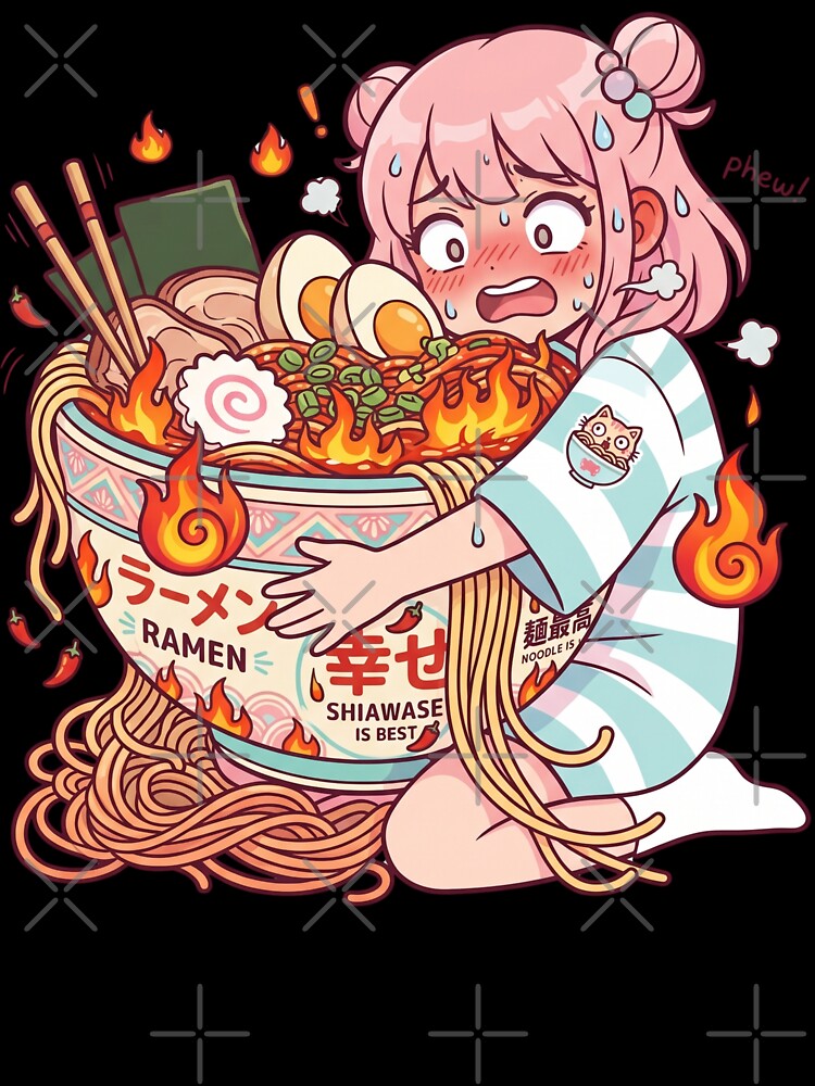 Cute Girl Eating Spicy Ramen Fire Challenge Funny Food Humor Kawaii Reaction Design by Im-Ara