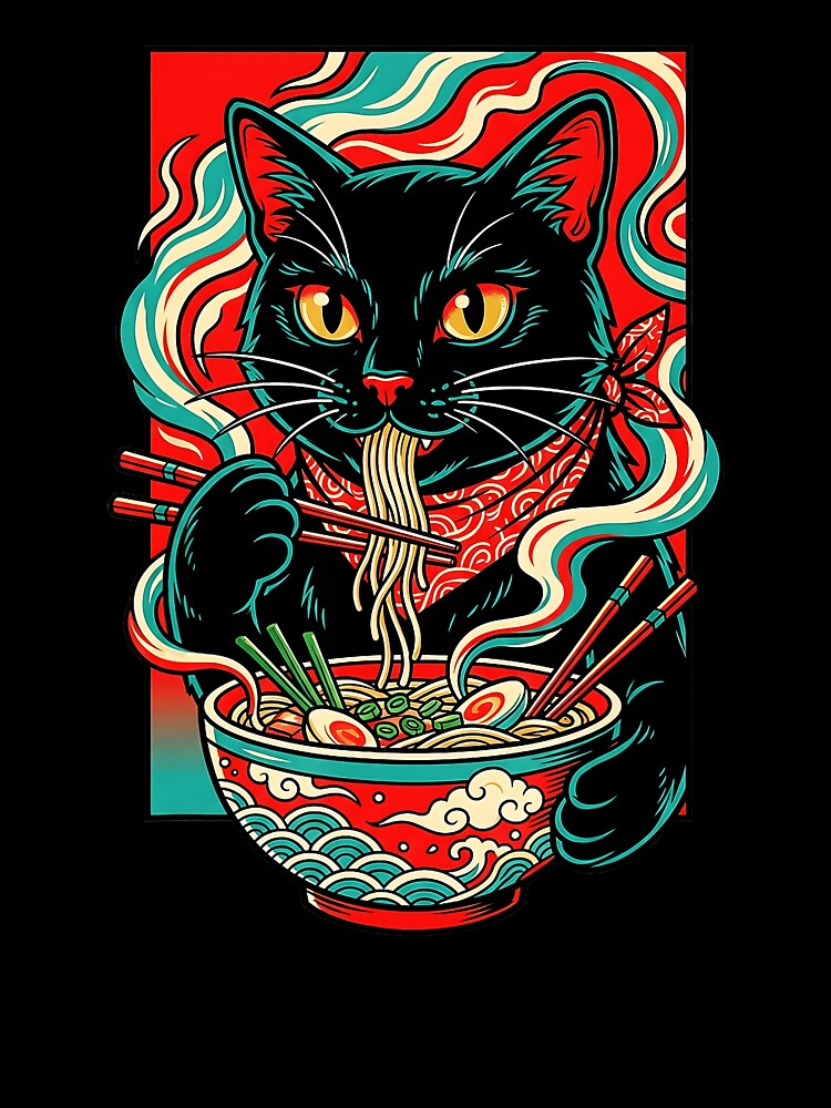 Black Ramen Cat Retro Japanese Kawaii Noodle by titanlevi
