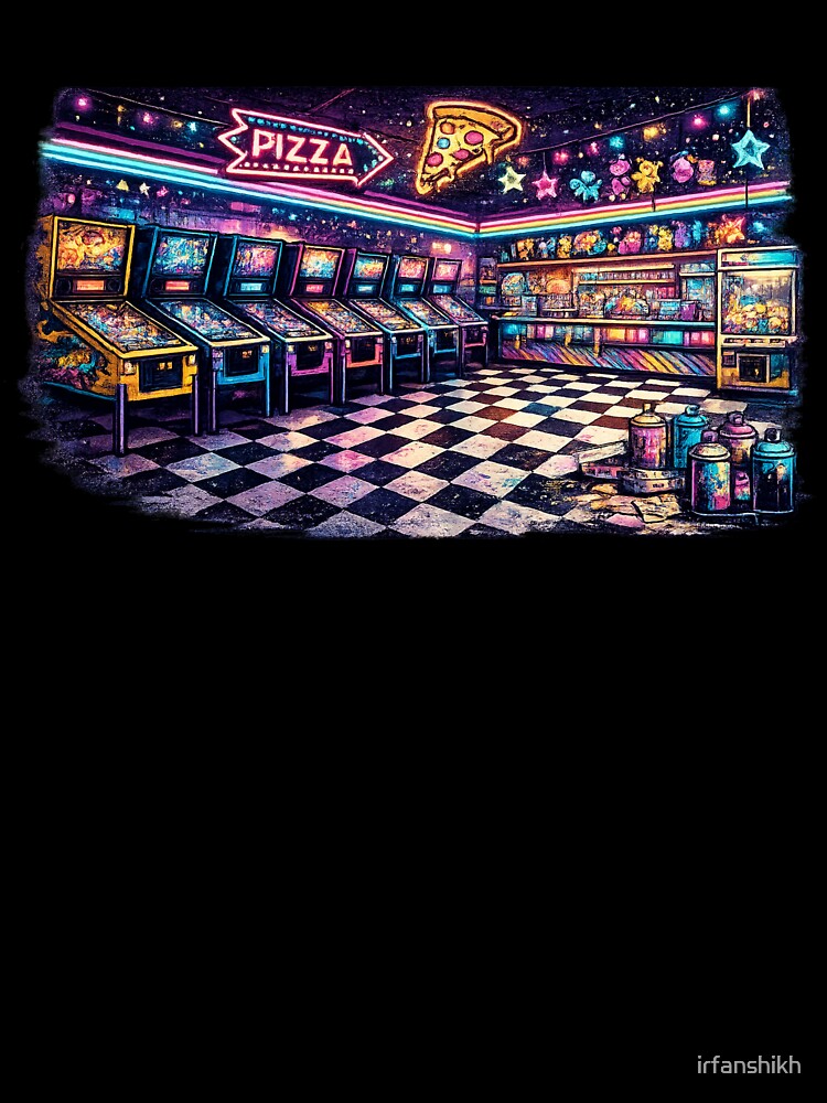 Neon Arcade Room Pinball Machines Pizza - Retro Arcade by irfanshikh