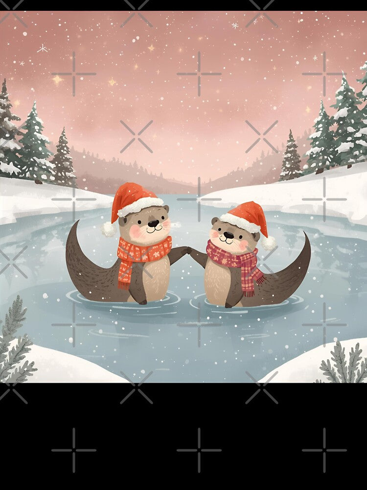 Otters Holding Hands on Ice – Whimsical Winter Christmas Art by WildlifeWhimsy