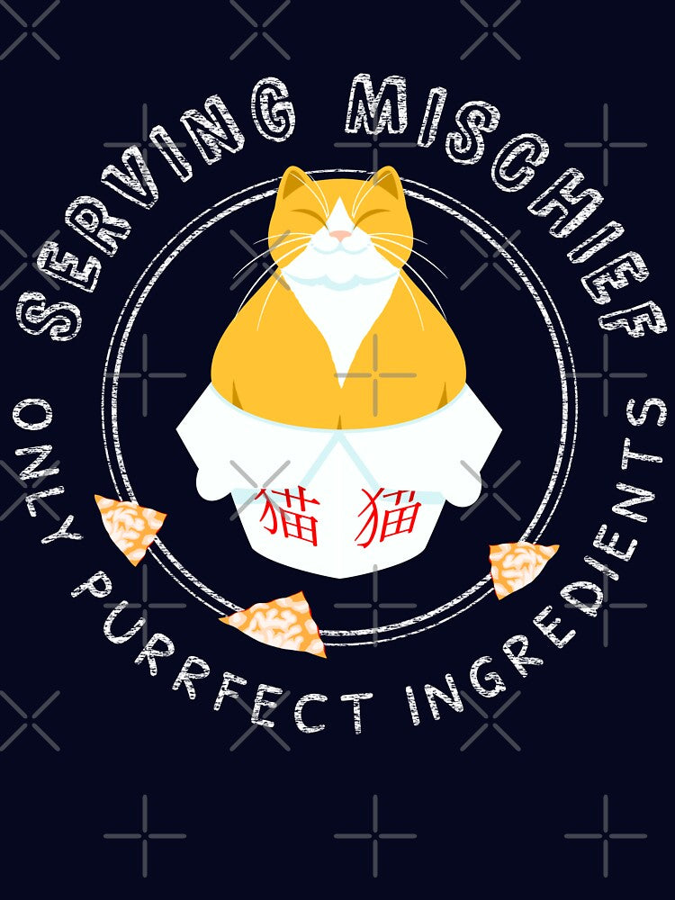 Serving Mischief ~ Only Purrfect Ingredients - Cute chubby cat in delivery box with funny text - for lovers of cats and asian food by Scolliecat