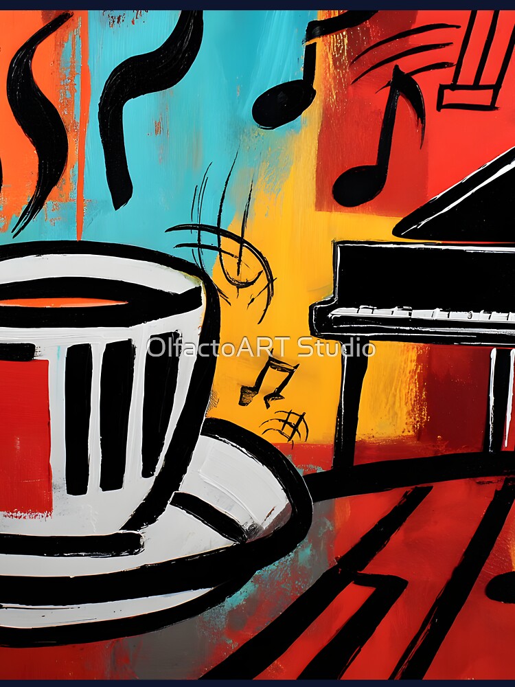 Steaming Coffee Cup Beside Grand Piano with Floating Musical Notes - Vibrant Abstract Expression of Music and Warmth by OlfactoART Studio