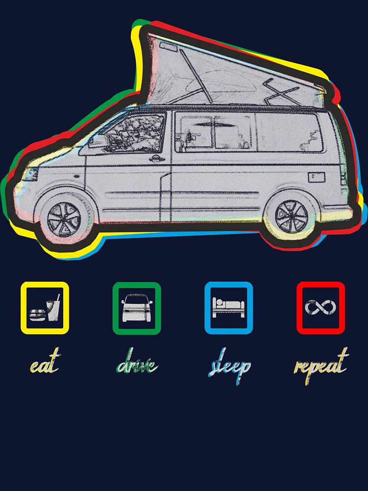 Eat, drive, sleep, repeat. Vintage vanlife lifestyle van T5 kids by 3coma14