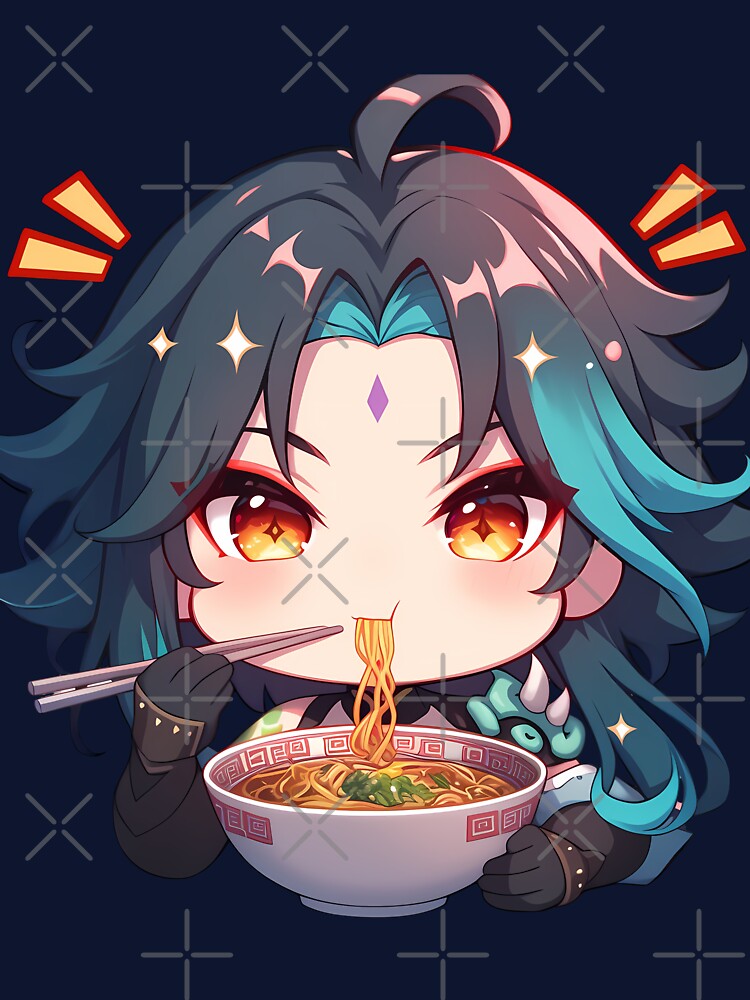 Game Xiao Genshin Impact Chibi Boy Eating Spicy Ramen Anime by Raslbazola