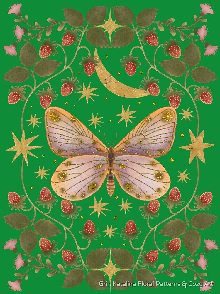 Sa golden butterfly against a background of a golden moon, stars and strawberries by Grin Katalina Floral Patterns & Cozy Art