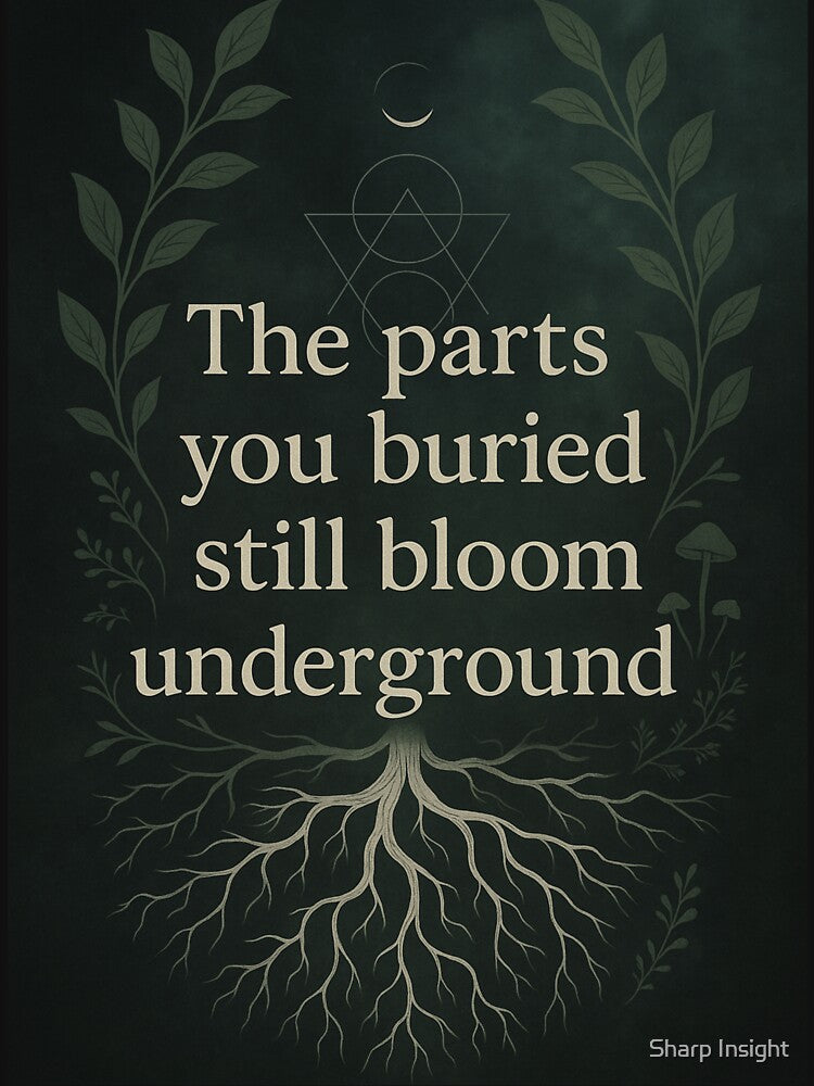 “Shadow Bloom” – Rooted Quote Art with Mushroom & Sacred Geometry Motif by Sharp Insight