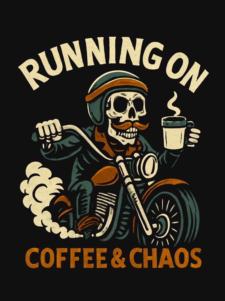 Skeleton Biker T-Shirt – “Running on Coffee & Chaos” – Funny Dark Humor Motorcycle Design by JoyWearOfficial