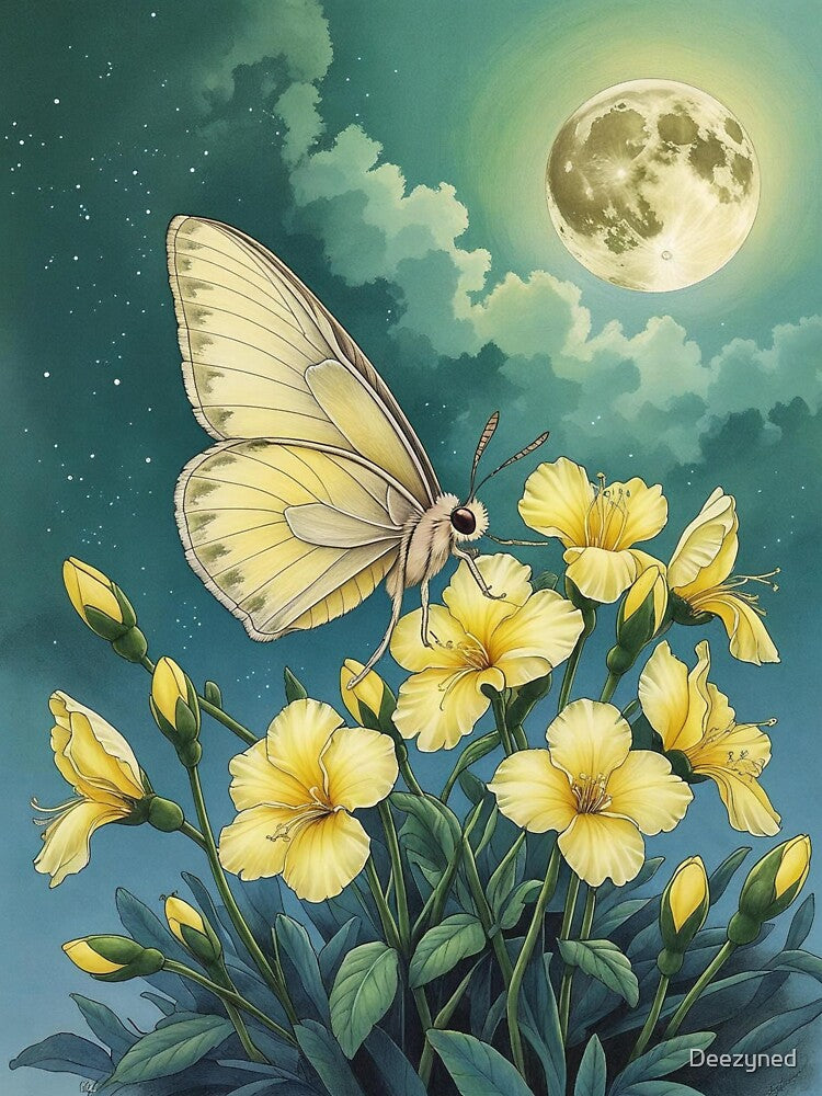 Evening Primrose & Moon Moth – Nocturnal Garden Magic by Deezyned