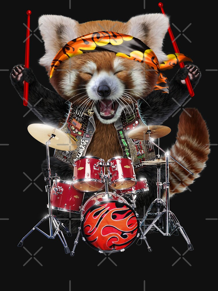 Metal Red Panda Playing Drum, Punk Rock and Roll Drummer by Fox-Republic