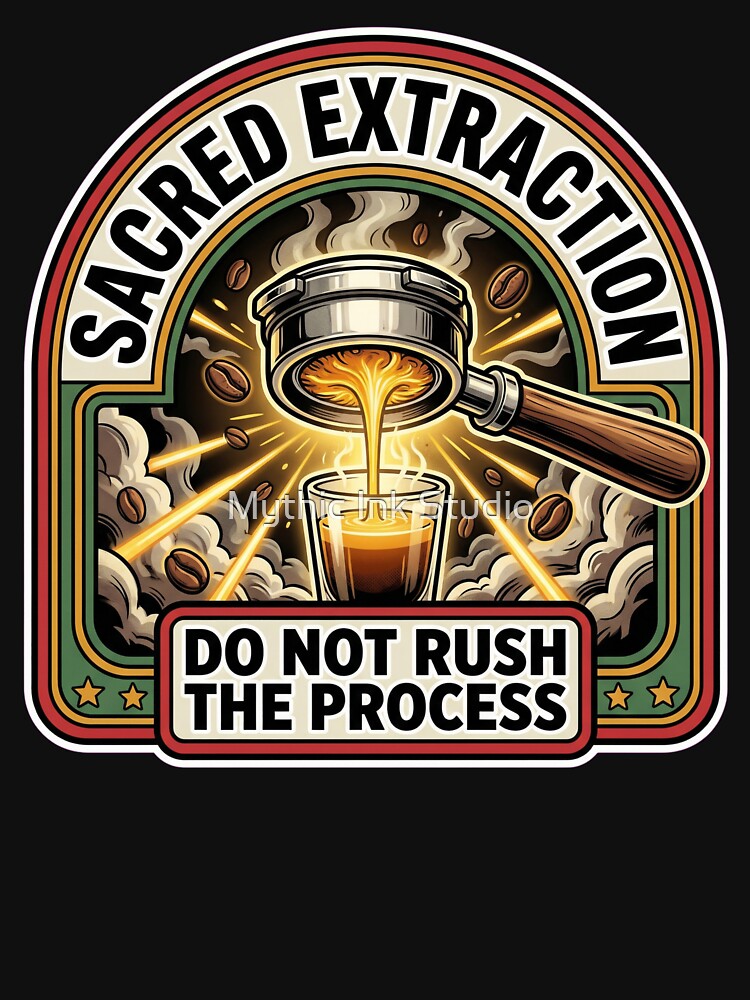 Sacred Extraction Espresso Portafilter Magic Coffee Barista Comic Art by Mythic Ink Studio