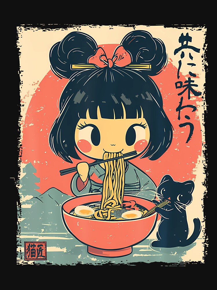 Cute Kawaii Japanese Girl And Cat Eating Ramen Anime T-Shirt by GabrielaPeterse