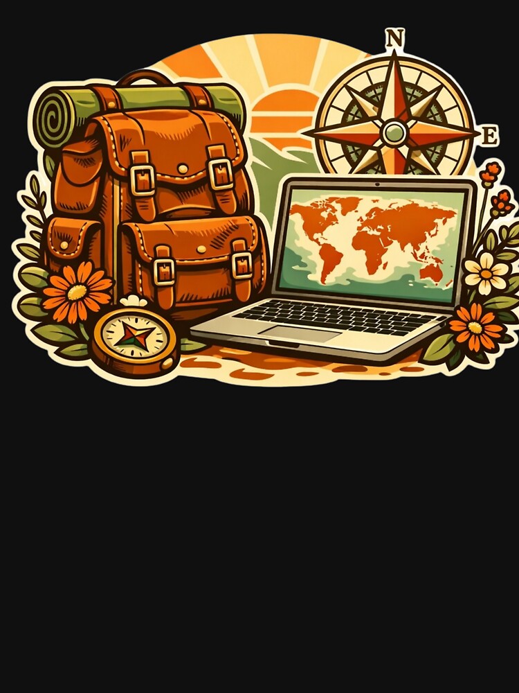 Retro Travel Explorer – Vintage Backpack & Laptop World Map by Timeless Junction