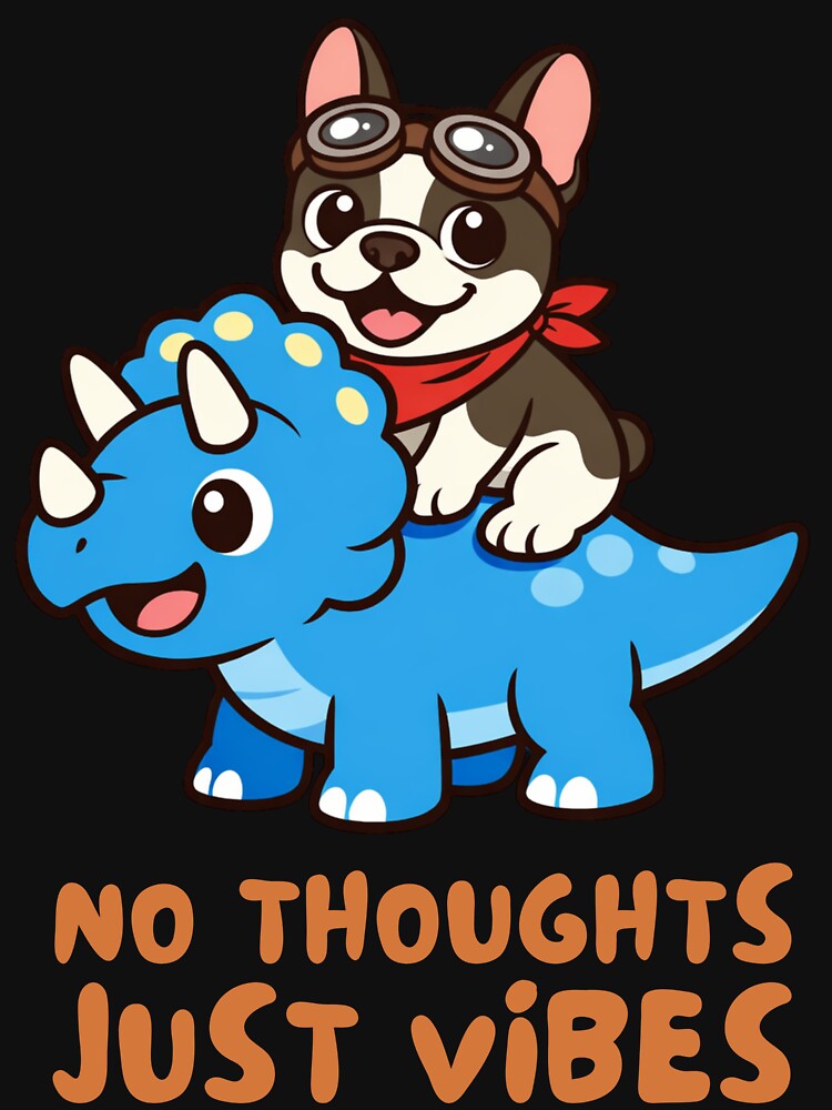 French Bulldog Riding Triceratops – No Thoughts Just Vibes Funny Dinosaur Dog Design by ThatDoggoArtist