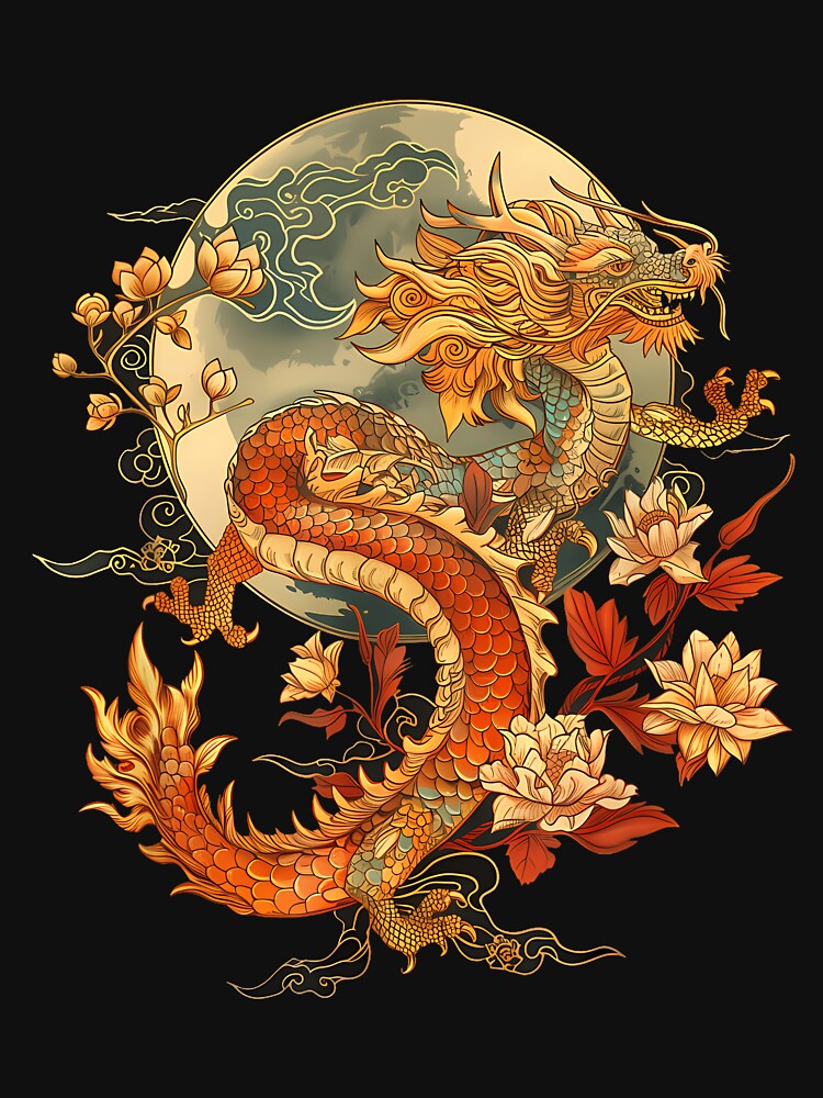 Crimson Lunar Floral Dragon Art Noveau T-Shirt by GabrielaPeterse