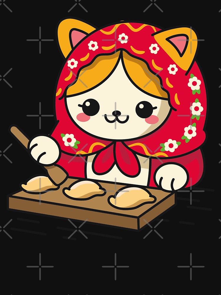 Cute Cat in Red Hood Making Dumplings - Whimsical Folk Art by DrawHandArt