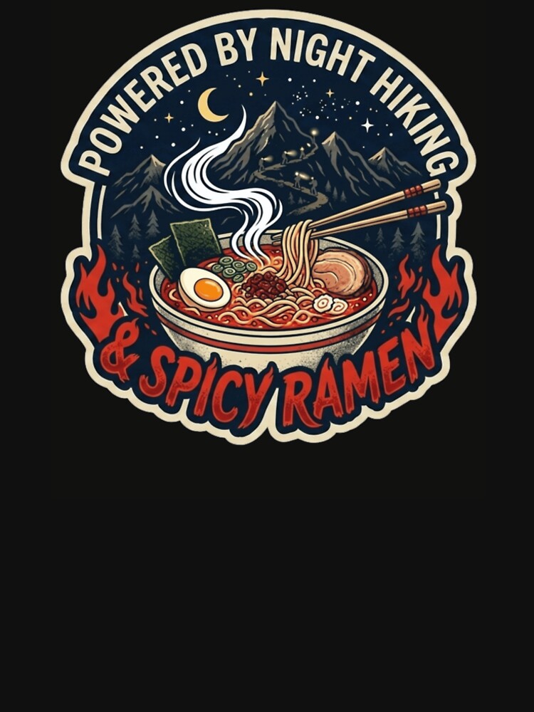 Powered by Night Hiking and Spicy Ramen Retro Style Badge by Jaroslaw-S