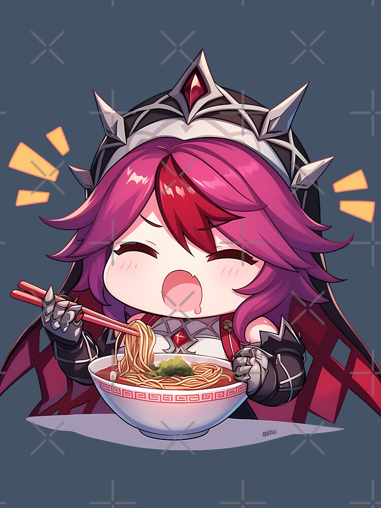 Game Rosaria Genshin Impact Chibi Girl Enjoying Spicy Ramen Anime by Raslbazola
