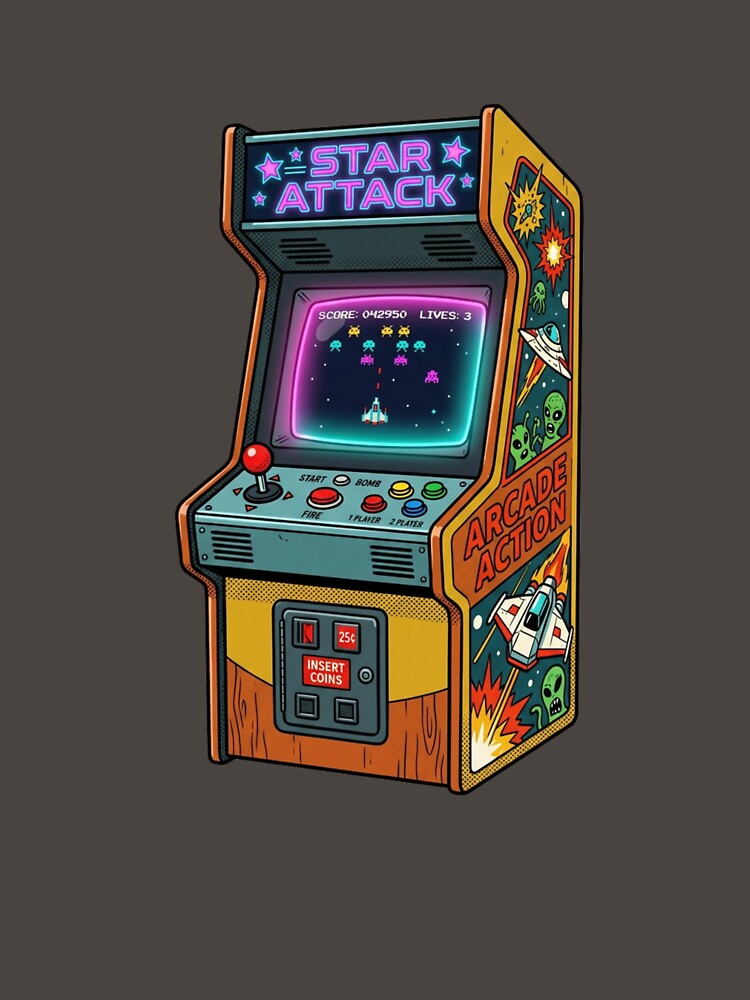 "Retro Arcade Machine Star Attack 80s Gaming Aesthetic" by Malalese