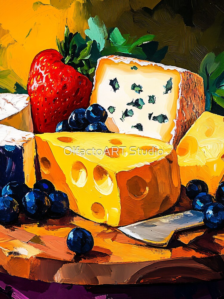 A Vibrant Spread of Cheeses, Berries and Grapes Celebrating Color, Texture and Culinary Delight by OlfactoART Studio